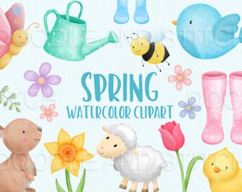 Spring Watercolor Clipart Illustrations, Cute Easter Clip Art Designs, Baby Animals Watercolour Clipart, Spring Animal Illustrations