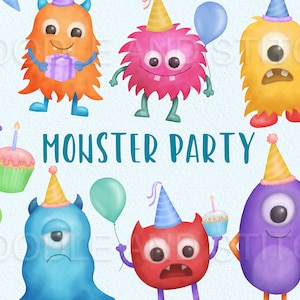 Monster Party Clipart Set, Geburtstag Monster Aquarell Clip Art, Party Invite Designs, niedliche Monster, kommerzielle Nutzung