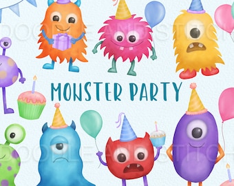 Monster Party Clipart Set, Birthday Monsters Watercolor Clip Art, Party Invite Designs, Cute Monsters, Commercial Use