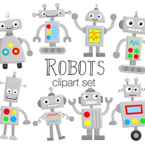 Robot Clipart Set, Cute Robots Clip Art Designs, Fun Robot Vector Illustrations, PNG Clipart Pictures