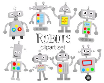 Robot Clipart Set, Cute Robots Clip Art Designs, Fun Robot Vector Illustrations, PNG Clipart Pictures