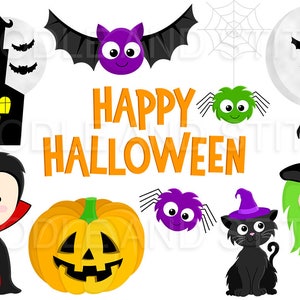 May include: A set of Halloween clip art featuring a haunted house, a vampire, a witch, a black cat, a pumpkin, bats, spiders, and the text "Happy Halloween".