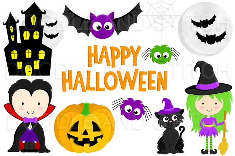 May include: A set of Halloween clip art featuring a haunted house, a vampire, a witch, a black cat, a pumpkin, bats, spiders, and the text "Happy Halloween".