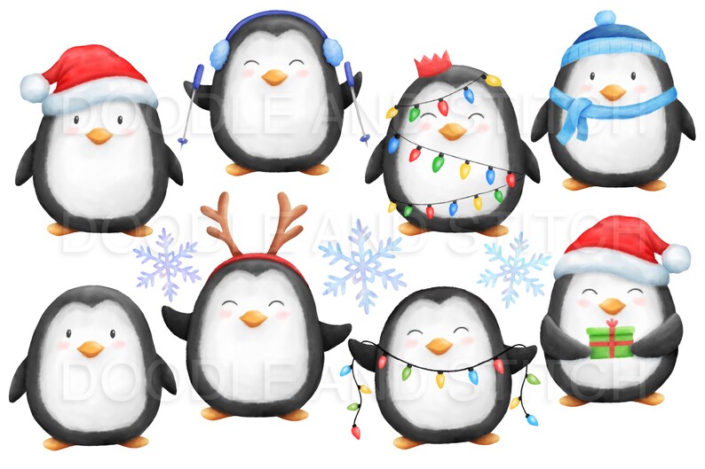 May include: A set of ten digital illustrations of penguins wearing festive winter attire. The penguins are wearing Santa hats, reindeer antlers, scarves, and Christmas lights. The illustrations are in a cartoon style and are perfect for holiday crafts and projects.