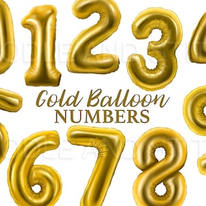 Gold Balloon Numbers Clipart, Foil Balloon Number Illustrations, Gold Foil Balloon Graphics, Party Celebration Clipart, Commercial Use