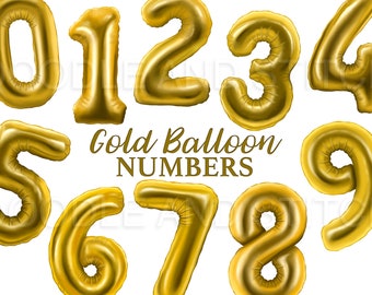 Clipart con numeri di palloncini in lamina d'oro, illustrazioni di numeri di palloncini in lamina d'oro, grafica di palloncini in lamina d'oro, clipart per celebrazioni di feste, uso commerciale