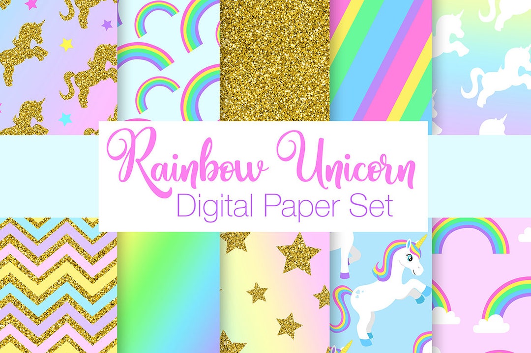 Rainbow Unicorn Digital Paper Set, Cut Unicorn Scrapbook Papers