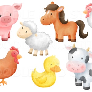 May include: A set of watercolor illustrations featuring farm animals, including a pink pig, a brown horse, a white sheep, a brown chicken, a black and white cow, and a yellow duck.