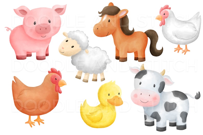 May include: A set of watercolor illustrations featuring farm animals, including a pink pig, a brown horse, a white sheep, a brown chicken, a black and white cow, and a yellow duck.