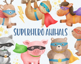 Superhero Animals Clipart, Cute Watercolor Superhero Clip Art, Watercolor Animal Illustrations, Super Hero Animal Designs