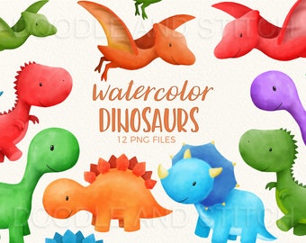 Akvarell dinosaurieillustrationer, söt akvarell dinosaurieclipart, färgglada dinosaurieclipartdesigner, dinosaurieclipartillustrationer