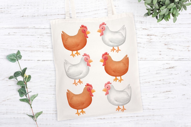 May include: A white tote bag with six illustrated chickens. Three chickens are brown and three are white. The chickens are facing forward and have red combs.