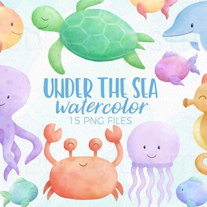 Clipart de aquarela sob o mar, ilustrações de aquarela Sealife, desenhos de clipart de aquarela de animais marinhos fofos, peixe tartaruga tubarão-baleia