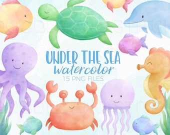 Under the Sea Watercolor Clipart, Sealife Watercolour Illustrations, Cute Sea Animals Watercolor Clip Art Designs, Fish Turtle Whale Shark