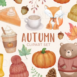 Fall Watercolor Clipart Set, Autumn Watercolour Clip Art Illustrations, Fall Leaves and Autumn Animals, Pumpkin Spice Latte Designs
