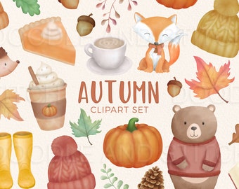 Fall Watercolor Clipart Set, Autumn Watercolour Clip Art Illustrations, Fall Leaves and Autumn Animals, Pumpkin Spice Latte Designs