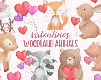 Valentine Woodland Animals, Valentine Clipart, Watercolor Woodland Animals, Valentines Day Animals, Woodland Animal Clipart, Commercial Use