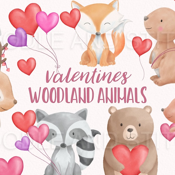 Valentine Woodland Animals, Valentine Clipart, Watercolor Woodland Animals, Valentines Day Animals, Woodland Animal Clipart, Commercial Use