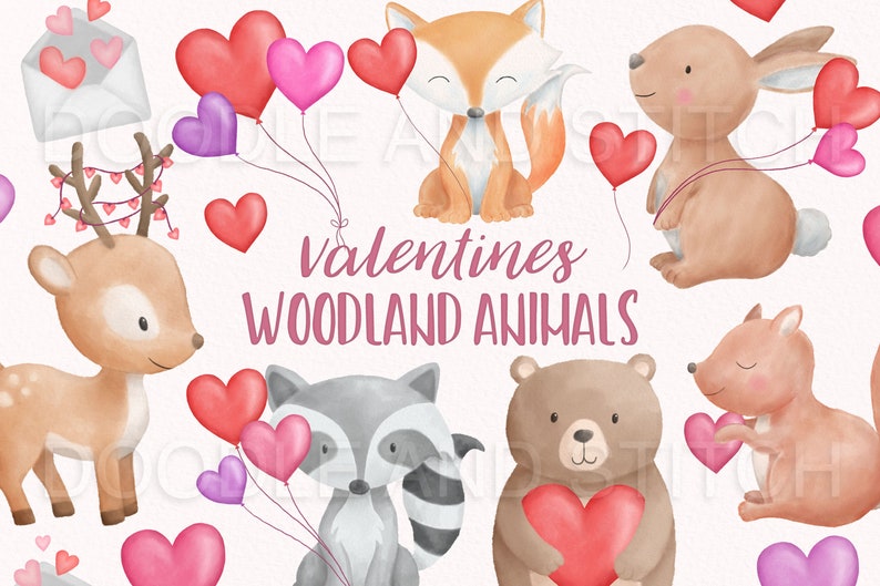 May include: Watercolour illustrations of woodland animals holding hearts and balloons. The animals include a deer, fox, rabbit, raccoon, bear, and squirrel. The text "valentines woodland animals" is written in pink letters.