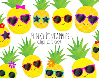 Pineapple Clip Art Pictures, Pineapples in Sunglasses Summer Clipart Set, Fruit Illustrations, Digital Designs