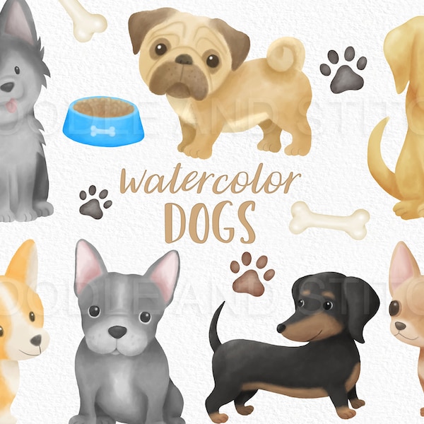 Watercolor Dogs Clipart Illustrations, Cute Dog Breeds Clip Art Designs, Pug Chihuahua Dachshund Husky Illustrations, Commercial Use
