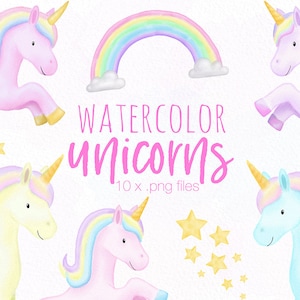 Aquarell Einhorn Clipart Illustrationen, Pastell Einhorn Clip Art Bilder, Kommerzielle Nutzung Clipart, Regenbogen Einhorn Illustrationen