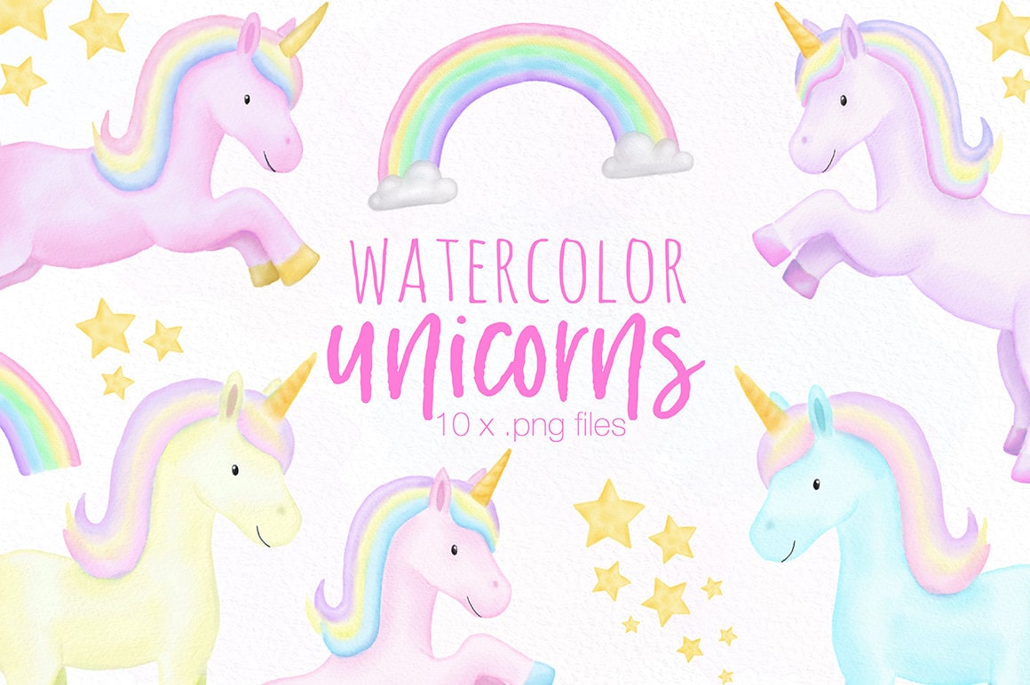 水彩ユニコーン クリップアート イラスト、かわいいパステル