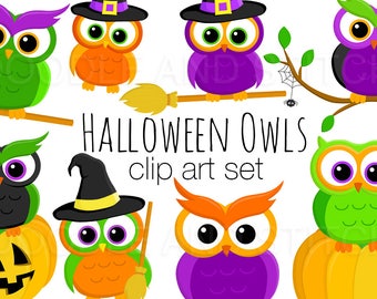 Imágenes prediseñadas de búhos de Halloween, imágenes prediseñadas de búhos espeluznantes, ilustraciones de búhos de Halloween, imágenes prediseñadas de uso comercial, diseños de imágenes prediseñadas de búhos lindos