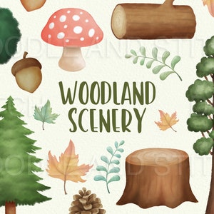 Boslandschap aquarel clipart, bosbomen clip art ontwerpen, aquarel bladeren boomstronken en boomstammen, bosrijke bos clipart