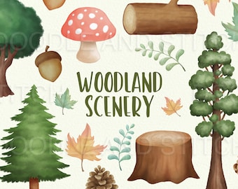 Woodland Scenery Watercolor Clipart, Woodland Trees Clip Art Designs, Watercolor Leaves Tree Stumps and Logs, Woodland Forest Clipart