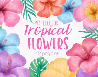 Tropical Flower Clipart Illustrations, Watercolor Tropical Flowers, Summer Flower Clipart Designs, Watercolor Summer Flowers, Commercial Use