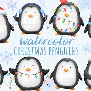 Imágenes prediseñadas de pingüinos de Navidad, lindas ilustraciones de pingüinos de acuarela, diseños de imágenes prediseñadas de pingüinos de Navidad, animales de invierno, imágenes prediseñadas de uso comercial