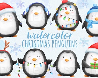 Imágenes prediseñadas de pingüinos de Navidad, lindas ilustraciones de pingüinos de acuarela, diseños de imágenes prediseñadas de pingüinos de Navidad, animales de invierno, imágenes prediseñadas de uso comercial