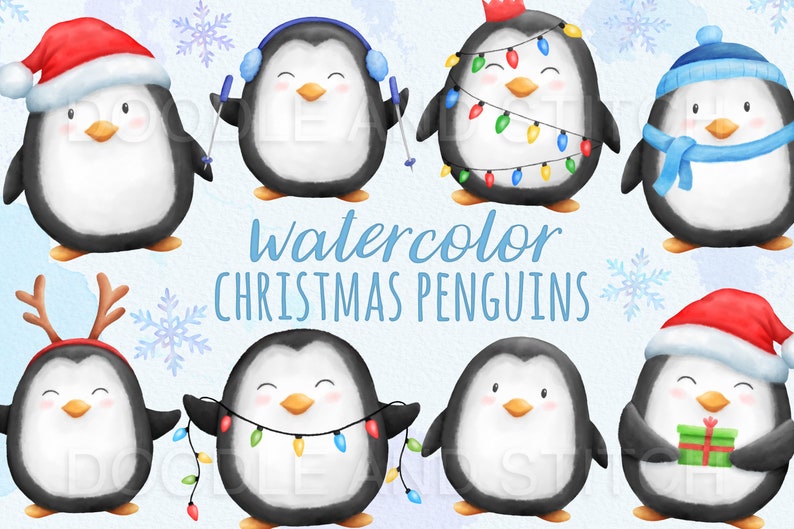 May include: Watercolor illustration of eight Christmas penguins wearing festive accessories like Santa hats, reindeer antlers, and Christmas lights. The penguins are all smiling and have a cute, cartoonish style.