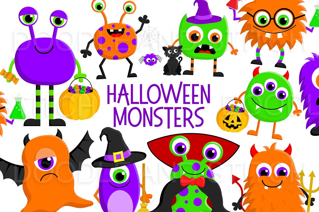 Halloween Monsters Clipart Illustrations, Cute Monster Clip Art Set ...