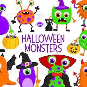 Halloween Monsters Clipart Illustrations, Cute Monster Clip Art Set, Halloween Clipart Designs, Halloween Party Decorations
