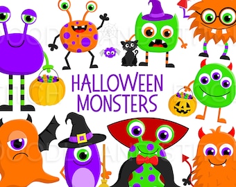 Halloween monsters clipart illustraties, cute monster clip art set, Halloween clipart ontwerpen, Halloween Party Decorations