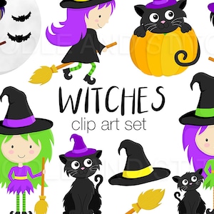 Witch Clip Art Pictures, Witches Clipart Designs, Halloween Witches, Witches and Black Cats Illustrations, Halloween Digital Stickers