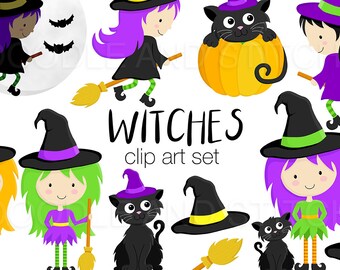 Imágenes prediseñadas de brujas, diseños de imágenes prediseñadas de brujas, brujas de Halloween, ilustraciones de brujas y gatos negros, calcomanías digitales de Halloween