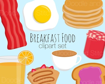 May include: A set of breakfast food clipart illustrations, including a fried egg, bacon, pancakes, orange juice, a cup of coffee, a crepe, a jar of jam, and toast with jam. The text "BREAKFAST FOOD clipart set" is included in the image.