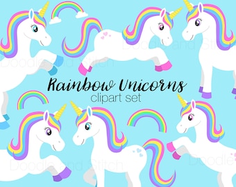 May include: A set of six rainbow unicorn clipart images. The unicorns are white with rainbow manes and tails. The set includes two rainbows and a cloud.