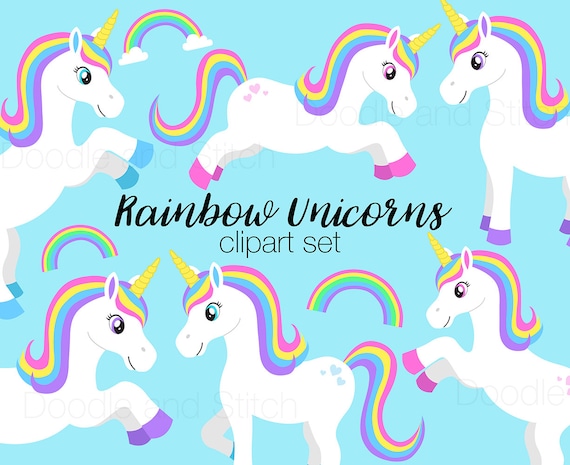 Rainbow Unicorn Clipart Cute Unicorns Clip Art Illustrations Etsy