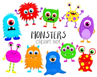 Monster Clipart Set, Cute Monsters Clip Art Designs, Fun Halloween Illustrations, Cute Clipart Pictures