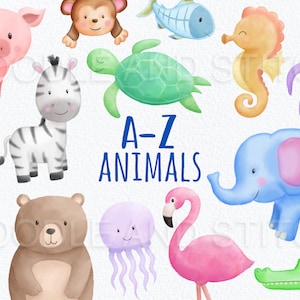 Alphabet Animals Clipart Set, Watercolor A-Z Animals Clip Art Designs, Alphabet Zoo Animals Watercolour Illustrations, Commercial Use