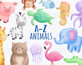 Alphabet Animals Clipart Set, Watercolor A-Z Animals Clip Art Designs, Alphabet Zoo Animals Watercolour Illustrations, Commercial Use