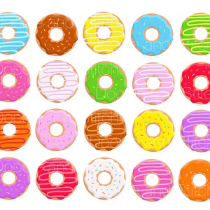May include: Twenty-four colorful donuts with various toppings, including sprinkles, chocolate, and frosting. The donuts are arranged in four rows of six donuts each.