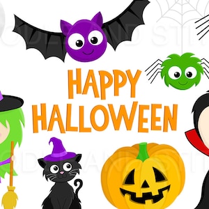 May include: A set of Halloween clip art featuring a witch, a vampire, a black cat, a pumpkin, bats, spiders, and the text "Happy Halloween".