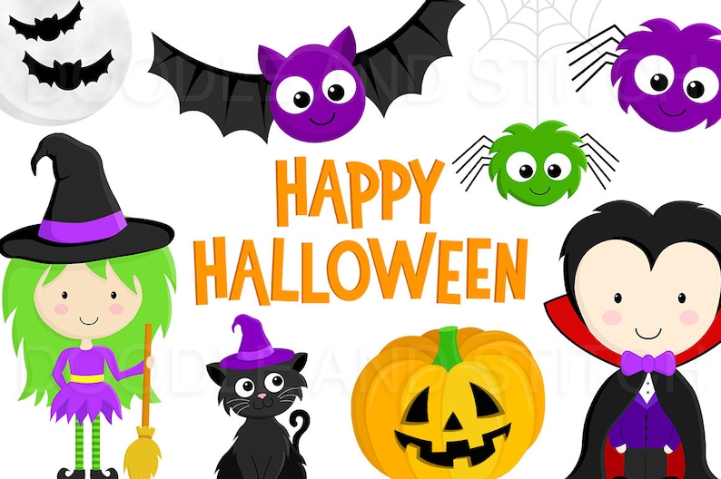May include: A set of Halloween clip art featuring a witch, a vampire, a black cat, a pumpkin, bats, spiders, and the text "Happy Halloween".