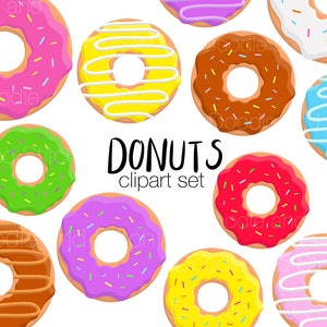 May include: A set of ten colorful donuts with various toppings, including sprinkles, chocolate, and icing. The donuts are arranged in a circle on a white background. The text "DONUTS clipart set" is written in black below the donuts.