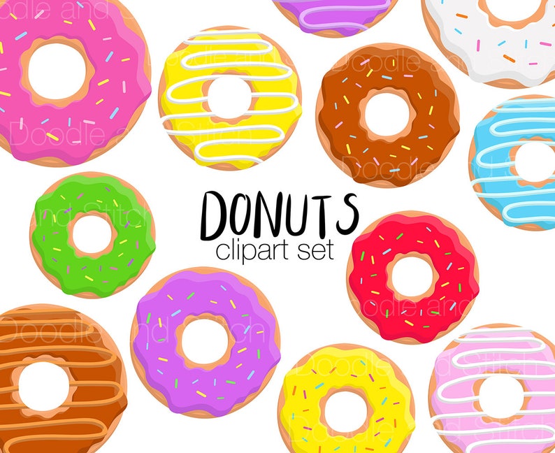 May include: A set of ten colorful donuts with various toppings, including sprinkles, chocolate, and icing. The donuts are arranged in a circle on a white background. The text "DONUTS clipart set" is written in black below the donuts.